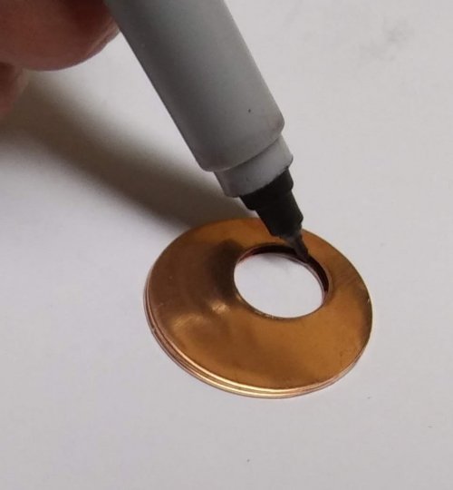 Judy Larson's Disc Cutter Basics and How to Make Metal Washers - Version 2 when no center positioning tool or doming punch is available:, General Education, Tools, Mark the new cutting line with a metal